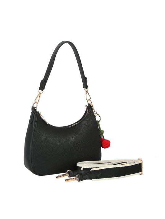 Cherry Charm Pebbled Faux Leather Shoulder Bag with Guitar Strap