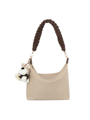 Braided Handle Slouch Hobo Shoulder Bag with Dog Charm