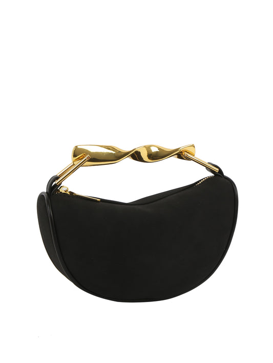 Sculpted Metal Handle Suede Half-Moon Shoulder Bag
