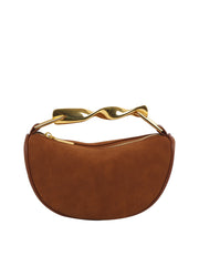 Sculpted Metal Handle Suede Half-Moon Shoulder Bag