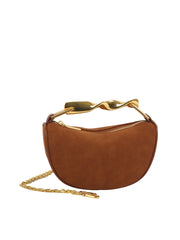Sculpted Metal Handle Suede Half-Moon Shoulder Bag
