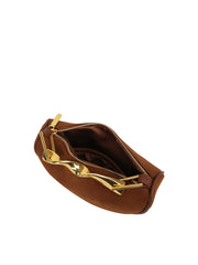 Sculpted Metal Handle Suede Half-Moon Shoulder Bag