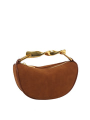Sculpted Metal Handle Suede Half-Moon Shoulder Bag