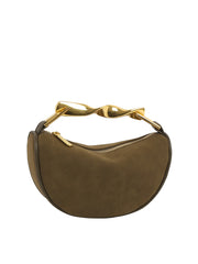 Sculpted Metal Handle Suede Half-Moon Shoulder Bag