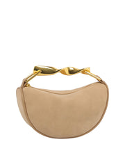 Sculpted Metal Handle Suede Half-Moon Shoulder Bag