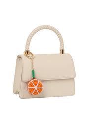 Braided Handle Faux Leather Top Handle Satchel Crossbody Bag with Orange Charm