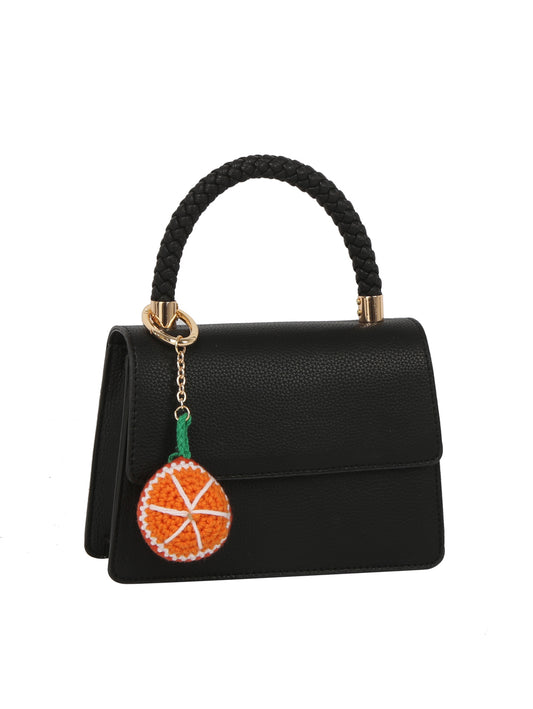 Braided Handle Faux Leather Top Handle Satchel Crossbody Bag with Orange Charm