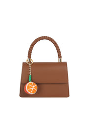 Braided Handle Faux Leather Top Handle Satchel Crossbody Bag with Orange Charm