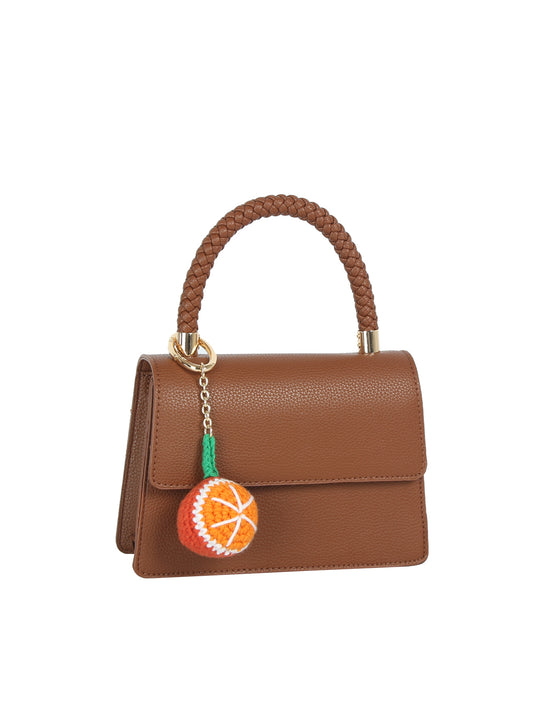 Braided Handle Faux Leather Top Handle Satchel Crossbody Bag with Orange Charm