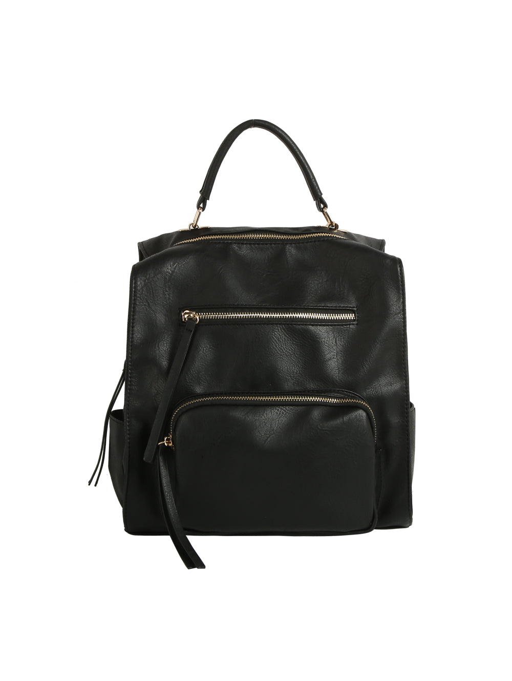 Black leather backpack with gold zippers on a white background