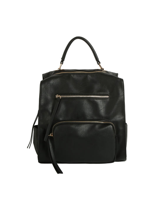 Black leather backpack with gold zippers on a white background
