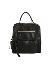 Black leather backpack with gold zippers on a white background