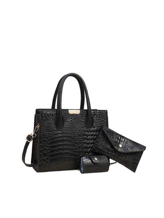 Croc Embossed 3-Piece Structured Satchel Handbag Set