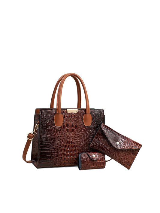 Croc Embossed 3-Piece Structured Satchel Handbag Set