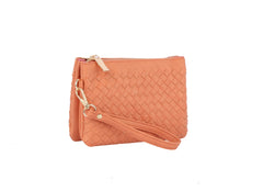 Woven tripe comparament convertible clutch crossbody wristlet