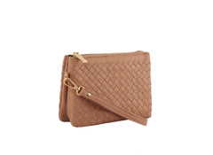 Woven tripe comparament convertible clutch crossbody wristlet