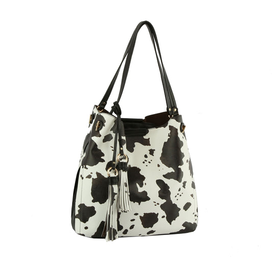Cow Print Satchel Tassel Handbag