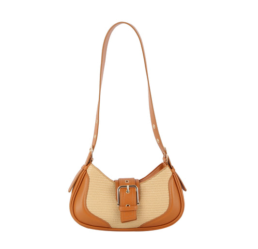 Women Buckle Front Flap Crescent Straw Shoulder