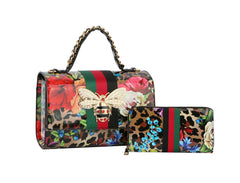 Ladies Designer Satchel Purse Bee Charm Pendant Handbag Clutch Set