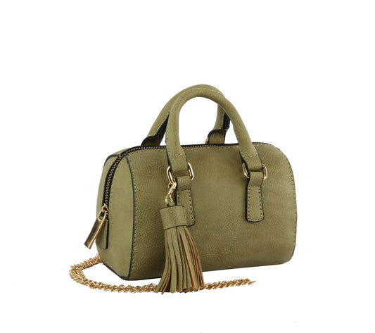 Soft Leather Cylinder Top Handle Satchel Handbag with gold chain Strap