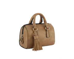 Soft Leather Cylinder Top Handle Satchel Handbag with gold chain Strap