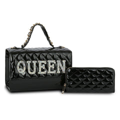 Fashion Quilted Shiny Patent Queen Letter studded Satchel with Wallet