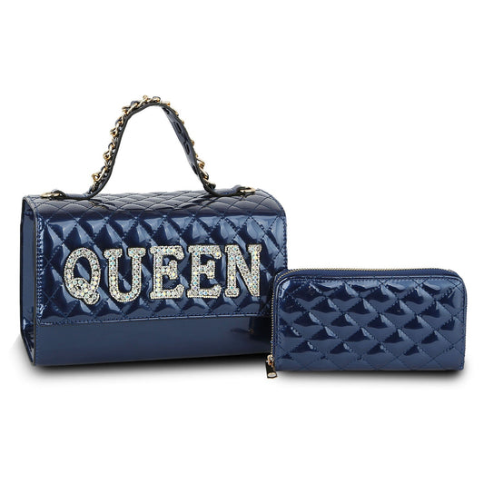 Fashion Quilted Shiny Patent Queen Letter studded Satchel with Wallet