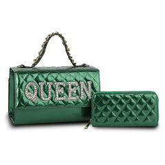 Fashion Quilted Shiny Patent Queen Letter studded Satchel with Wallet