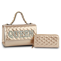 Fashion Quilted Shiny Patent Queen Letter studded Satchel with Wallet