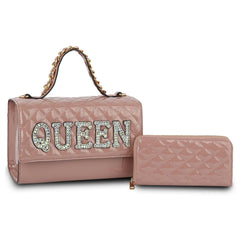 Fashion Quilted Shiny Patent Queen Letter studded Satchel with Wallet