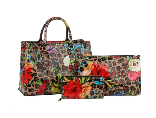 Fashion Leopard Flower Satchel Set with wallet