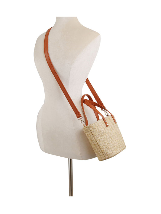 Drawstring Straw Tote with Leather Handles