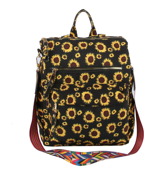 Sunflower Printed Backpack Travel Bag with Guitar Strap
