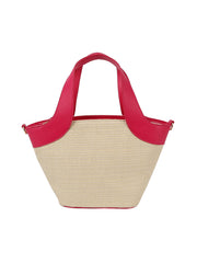 Color point leather handle straw tote