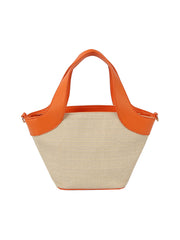 Color point leather handle straw tote