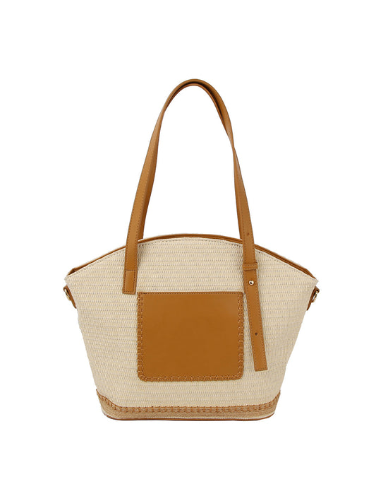 Straw vacation bag with front leather pocket