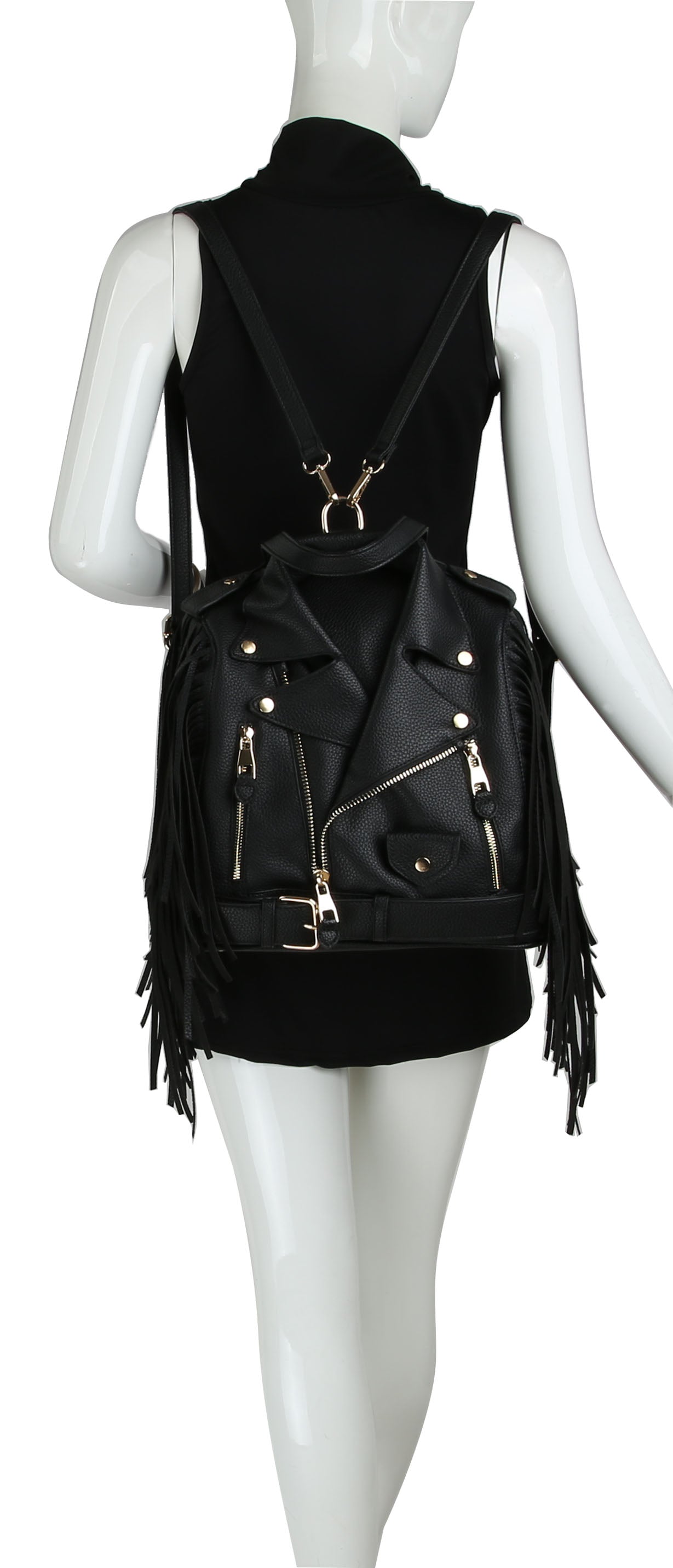 black leather backpack zippers moto Fringe Motorcycle Jacket Backpack – Handbag Factory