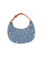 Silver stone studded denim hobo crossbody