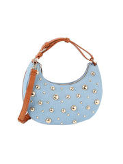 Silver stone studded denim hobo crossbody