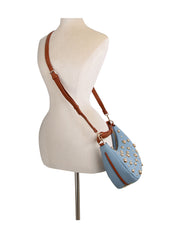 Silver stone studded denim hobo crossbody