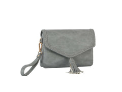 Tassel front flap triple entry wristlet crossbody