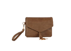 Tassel front flap triple entry wristlet crossbody