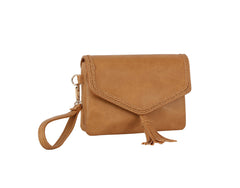 Tassel front flap triple entry wristlet crossbody